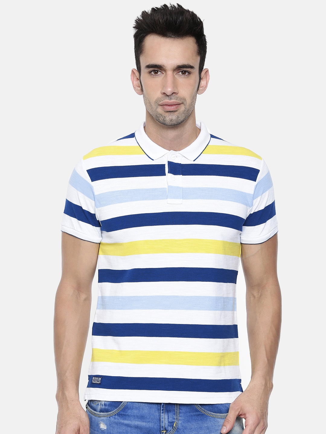 Buy Pepe Jeans Men White Blue Striped Polo Collar Pure Cotton T Shirt 
