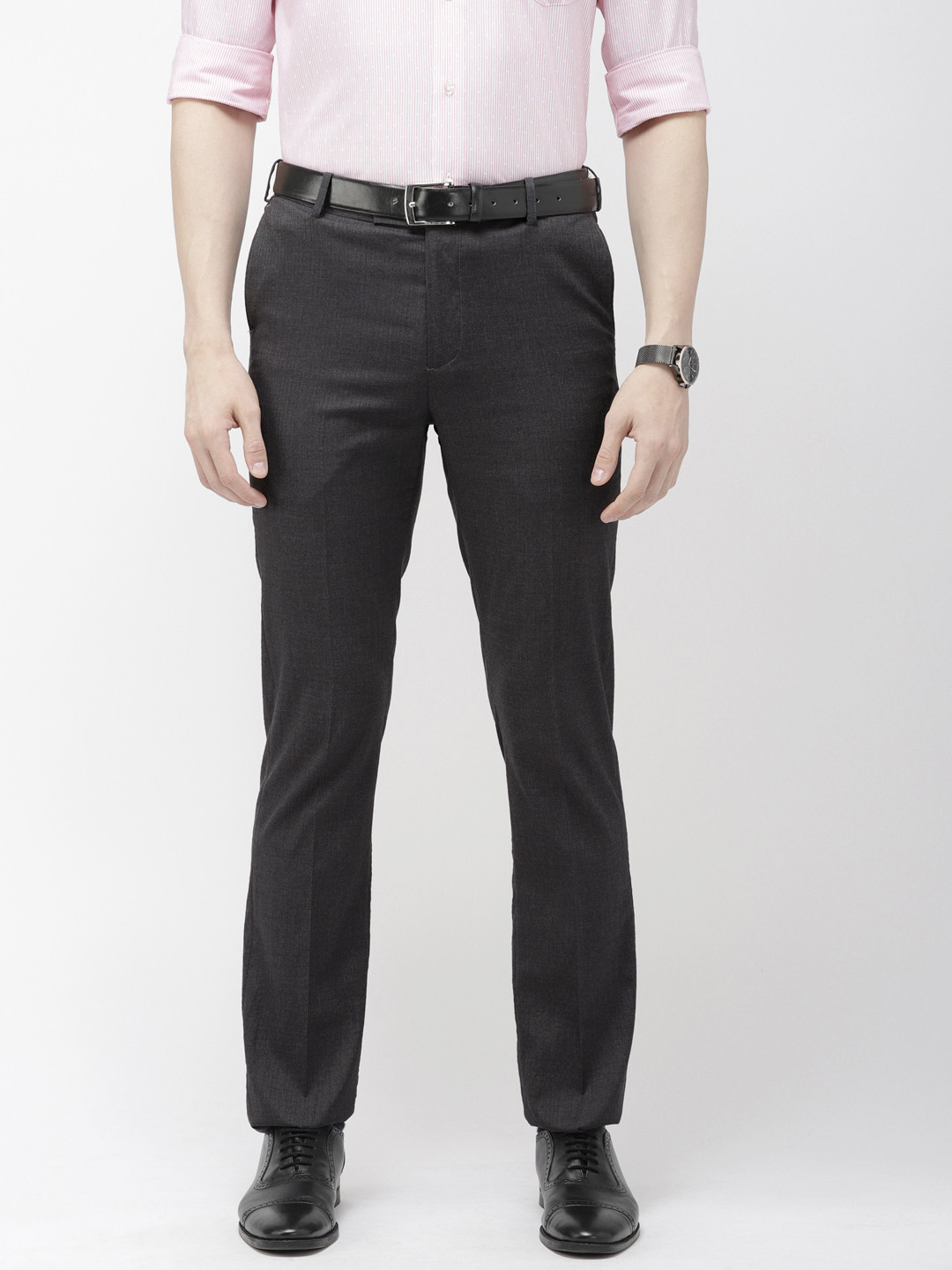 Buy Arrow Men Charcoal Grey Tapered Fit Solid Formal Trousers ...
