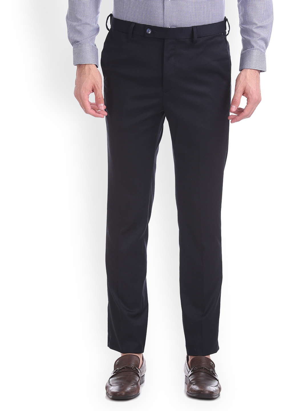 Buy Arrow New York Men Navy Blue Regular Fit Solid Regular Trousers ...