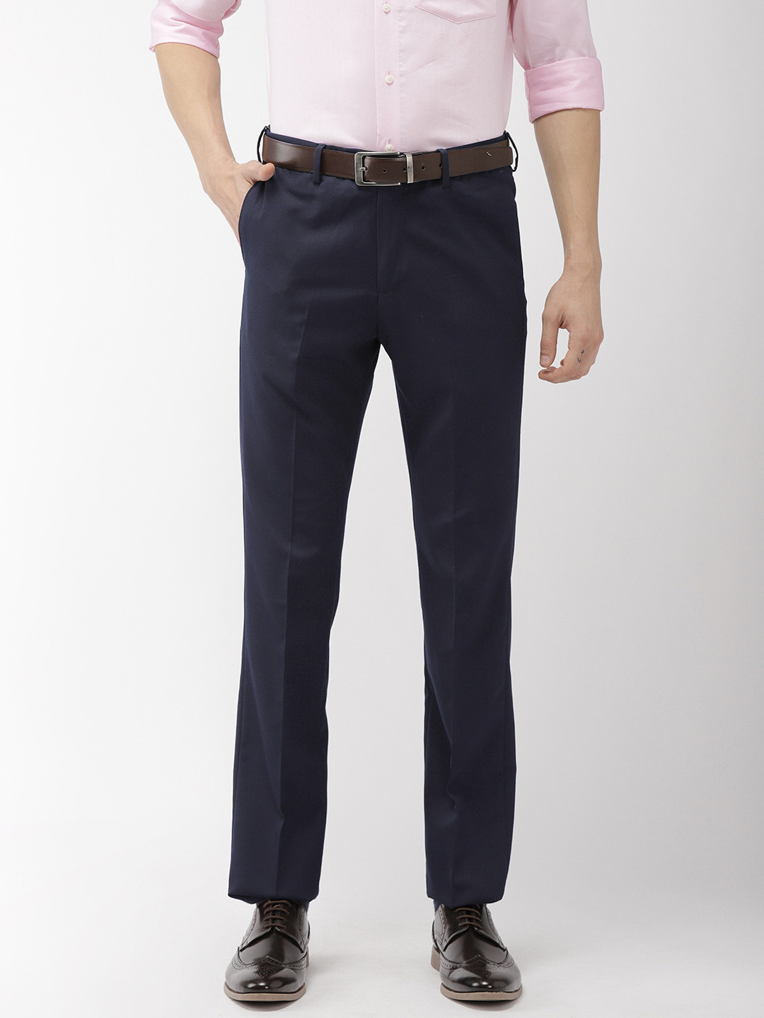 Buy Arrow Men Navy Blue Tapered Fit Self Design Formal Trousers ...