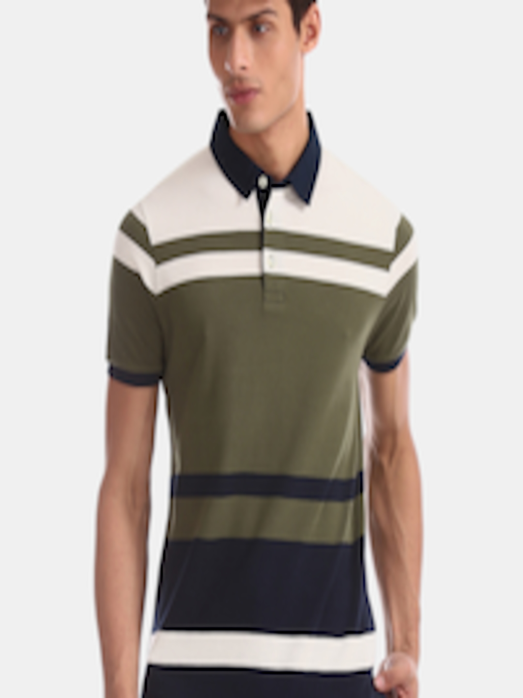 Buy Arrow Sport Men Olive Green & White Striped Polo Collar T Shirt ...