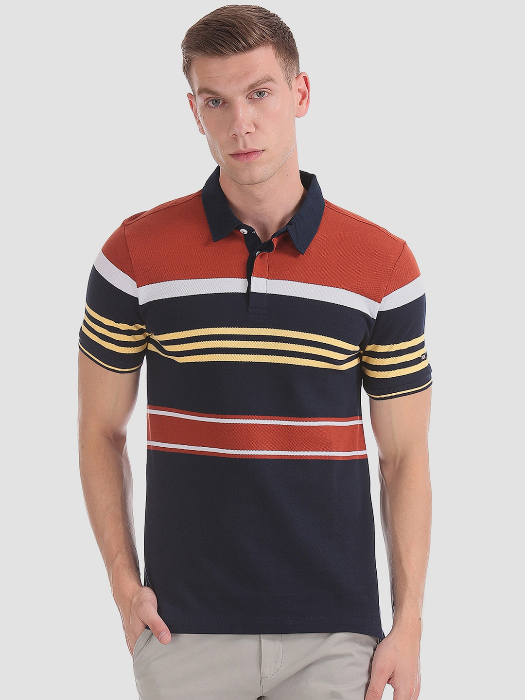 Buy Arrow Sport Men Navy Blue Rust Red Striped Polo Collar Pure Cotton ...