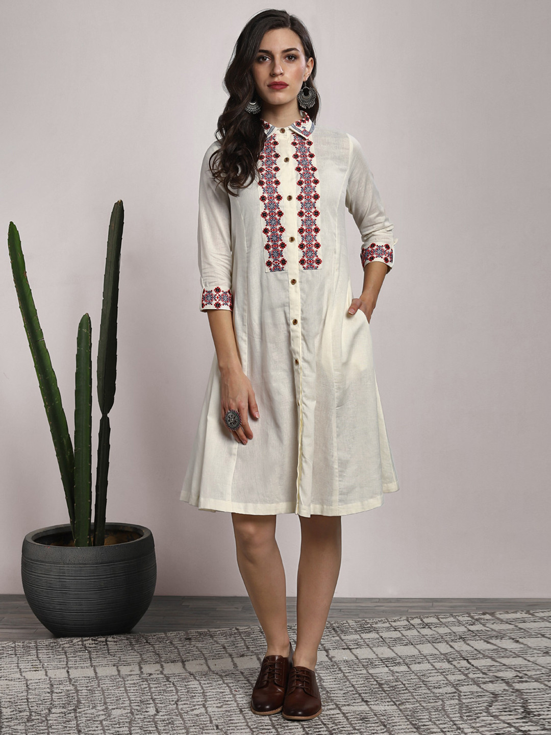 Buy Sangria Shirt Collar 3/4th Sleeves A Line Kurta With Embroidered