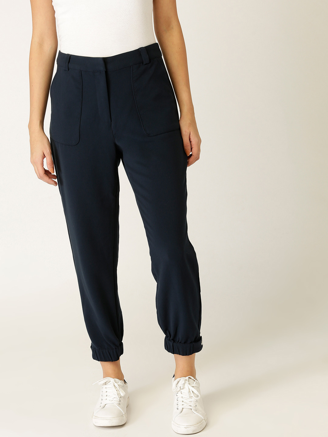 Buy ESPRIT Women Navy Blue Regular Fit Solid Cropped Joggers Trousers