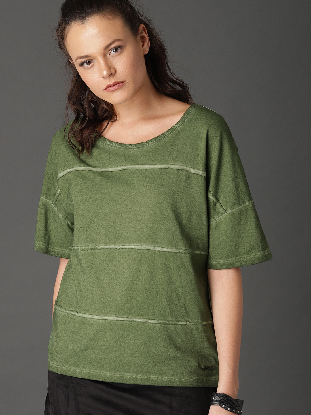 Buy Roadster Women Olive Green Washed Raw Edge Detail Pure Cotton T