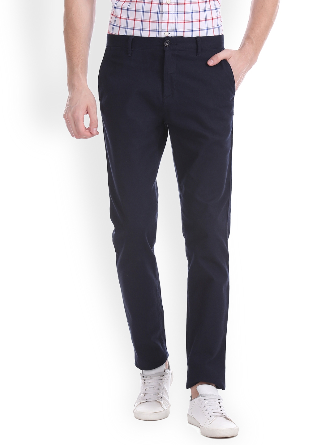 Buy U.S. Polo Assn. Men Navy Blue Slim Fit Solid Regular Trousers ...