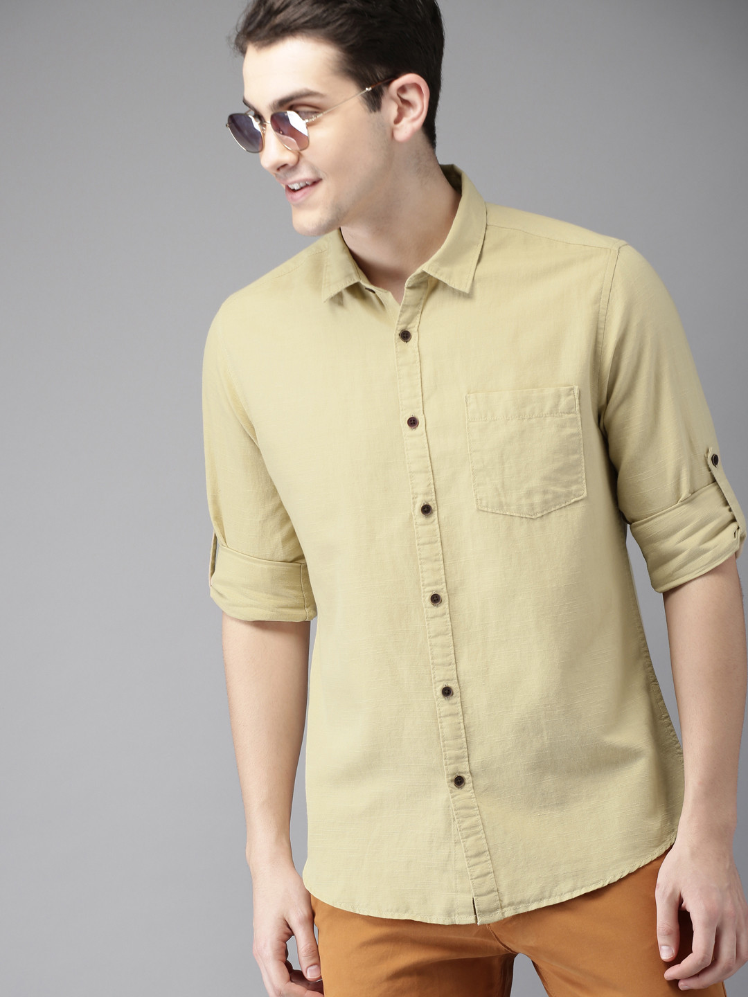 Buy HERE&NOW Men Khaki Regular Fit Solid Casual Shirt Shirts for Men