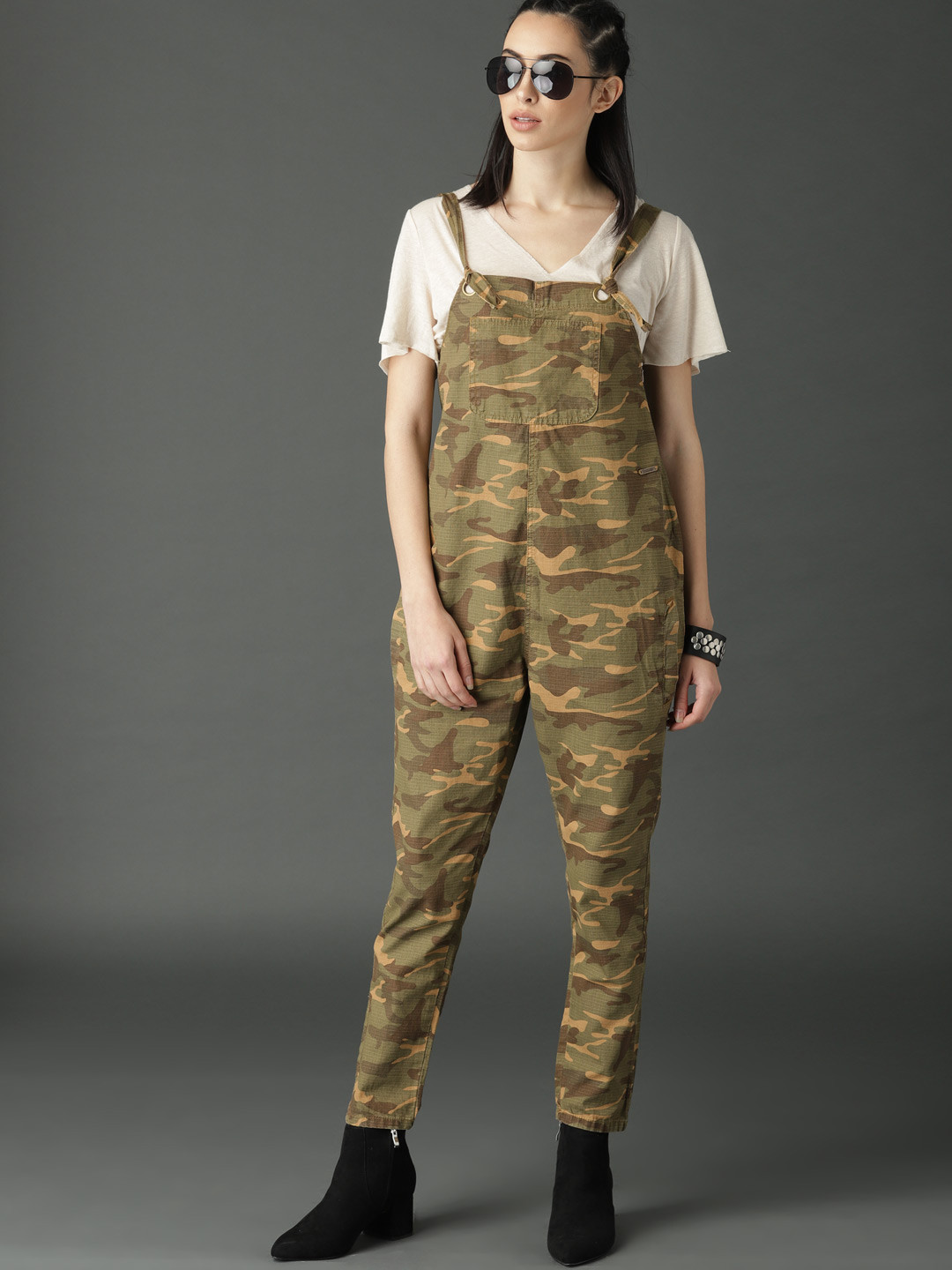 Buy Roadster Women Olive Green & Khaki Printed Dungaree Dungarees for