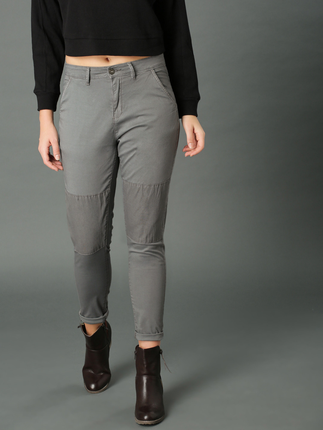 Buy Roadster Women Grey Tapered Fit Solid Cropped Chinos Trousers for Women 8358691 Myntra