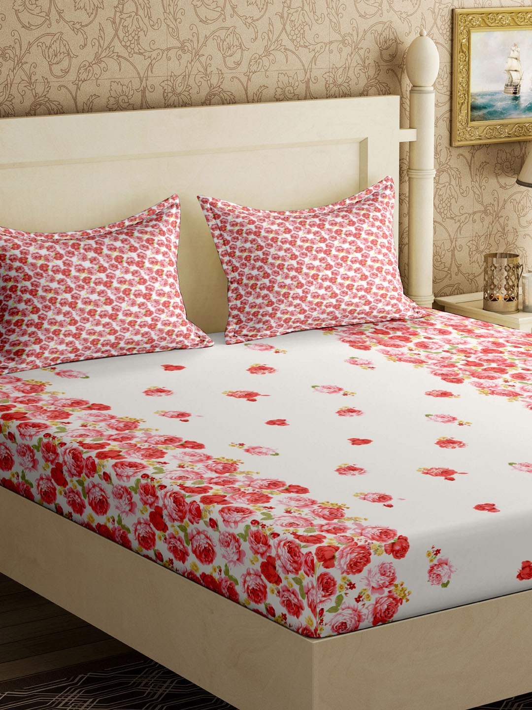 Buy EverHOME Red Floral Flat 144 TC Cotton 1 King Bedsheet With 2