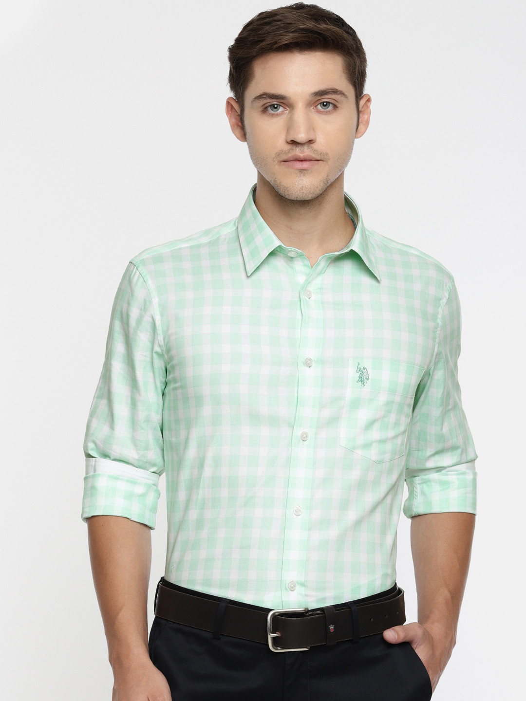 Buy U.S. Polo Assn. Tailored Men Sea Green & White Tailored Fit Checked