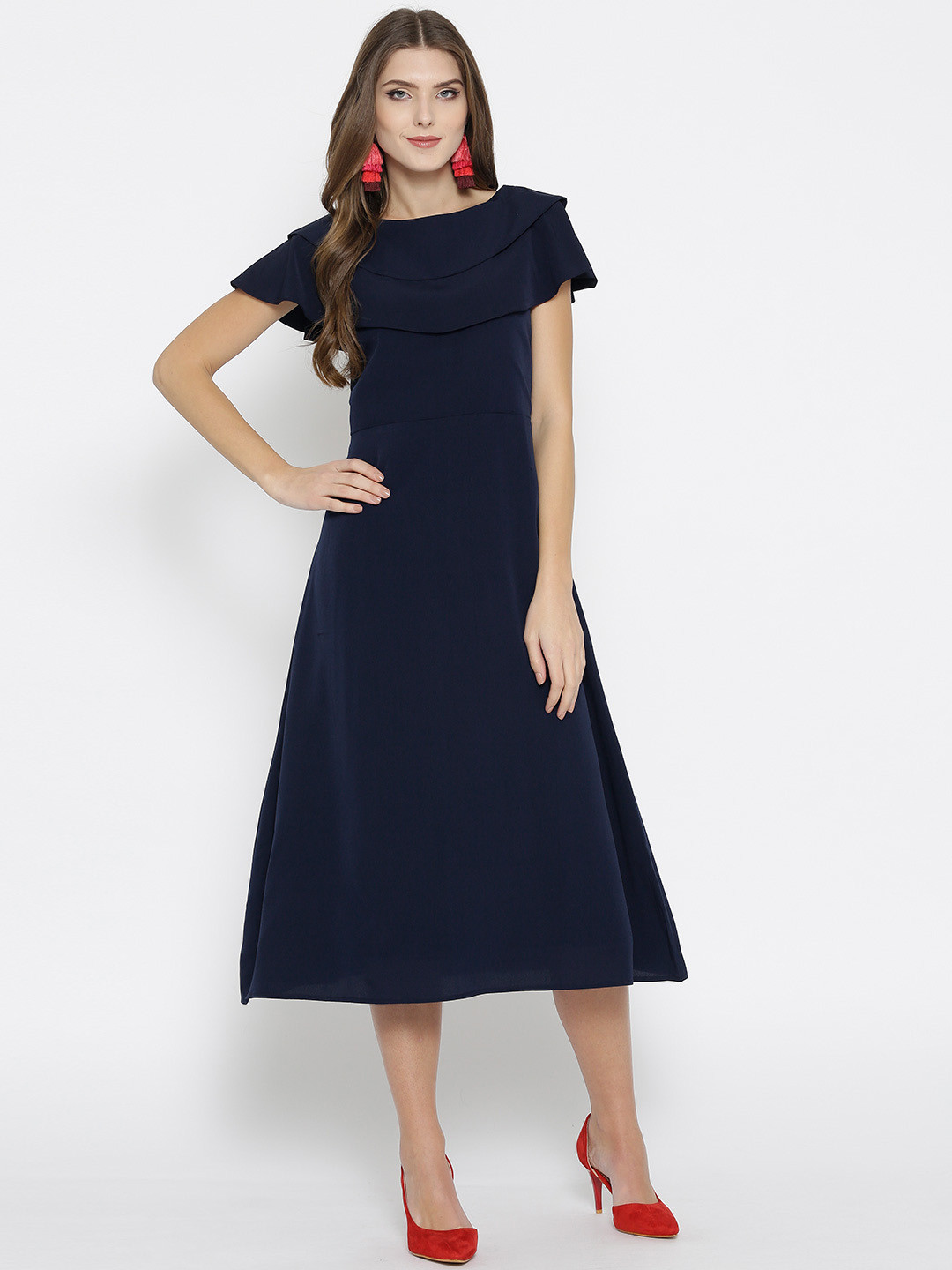 Buy Cottinfab Women Navy Blue Solid A Line Dress Dresses for Women