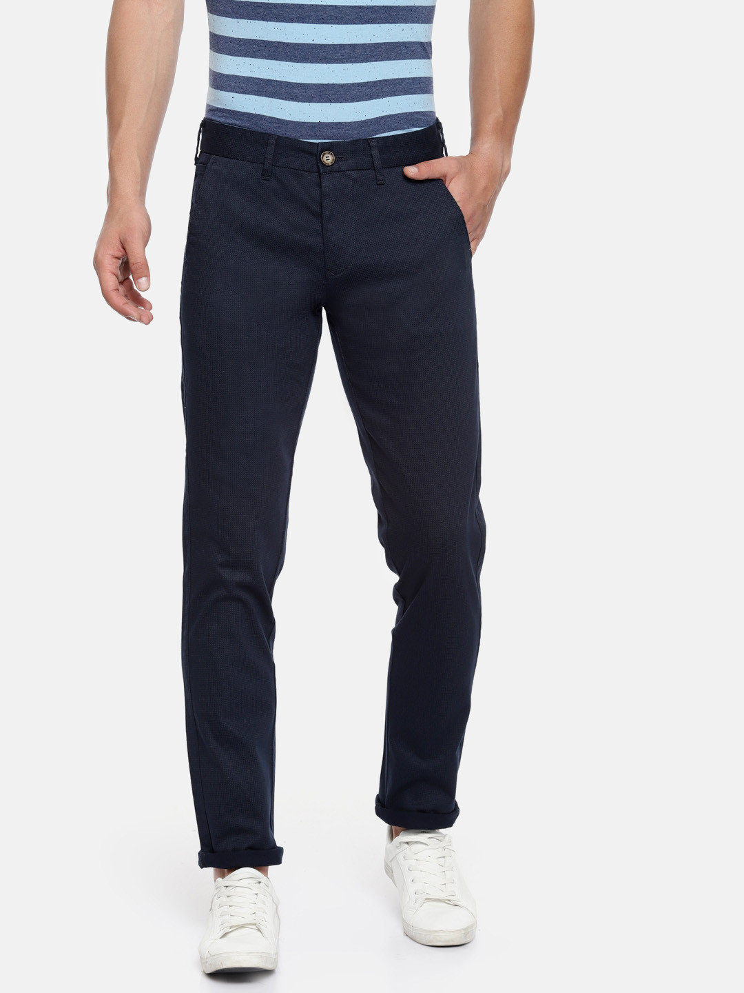 Buy Killer Men Navy Blue Slim Fit Solid Chino Trousers - Trousers for ...