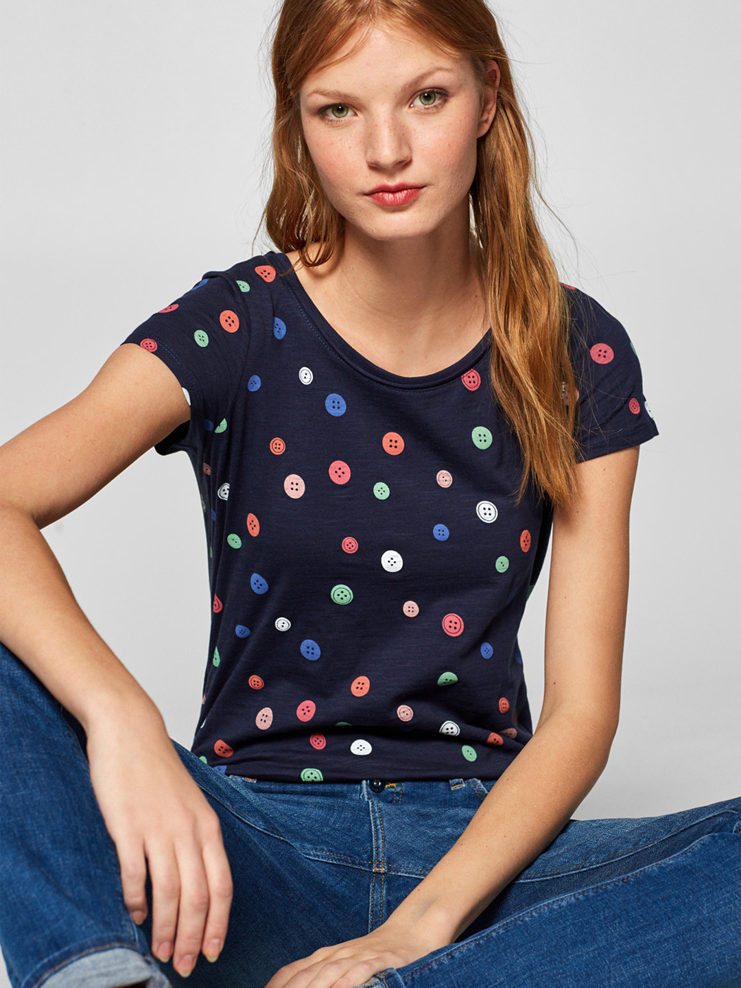 Buy ESPRIT Women Navy & Red Printed Round Neck T Shirt Tshirts for