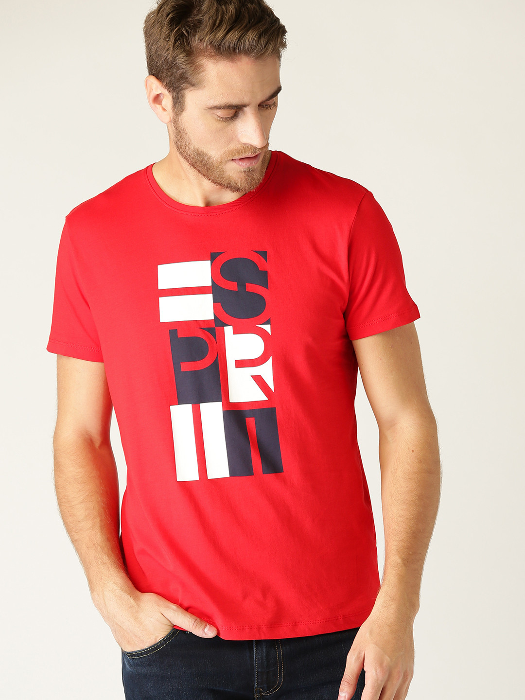 Buy ESPRIT Men Red Printed Round Neck Pure Cotton T Shirt Tshirts for