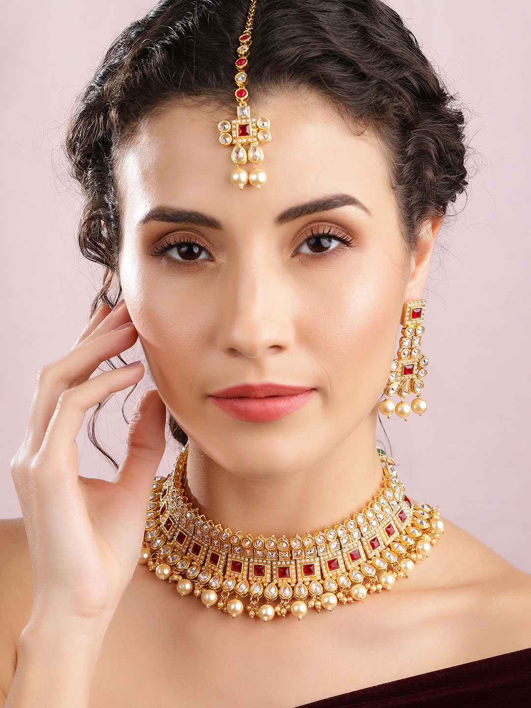 Buy Rubans Women Red & White Gold Plated Bridal Jewellery Set