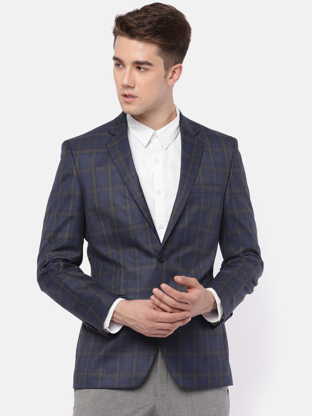 Buy Raymond Men Navy Blue Contemporary Fit Single Breasted Checked