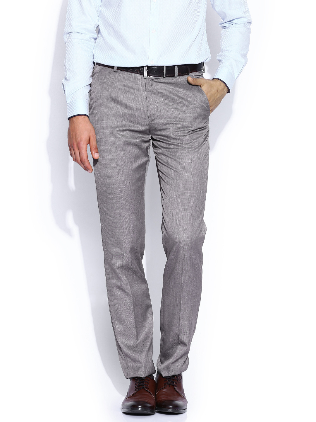 Buy Peter England Grey Slim Fit Formal Trousers Trousers for Men