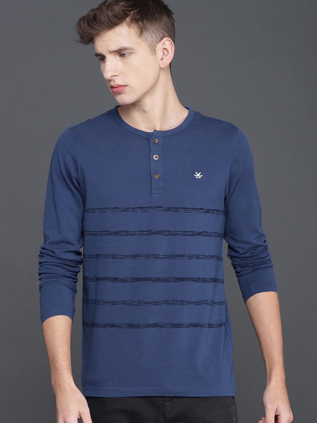 Buy WROGN Men Navy Blue Striped Henley Neck Pure Cotton T Shirt ...