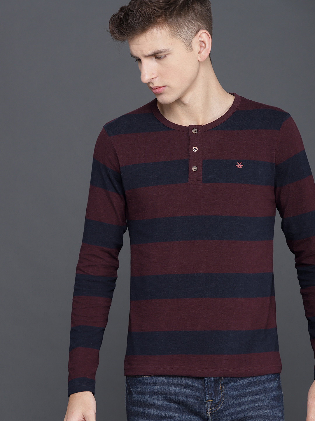 Buy WROGN Men Maroon Navy Striped Henley Neck Pure Cotton T Shirt