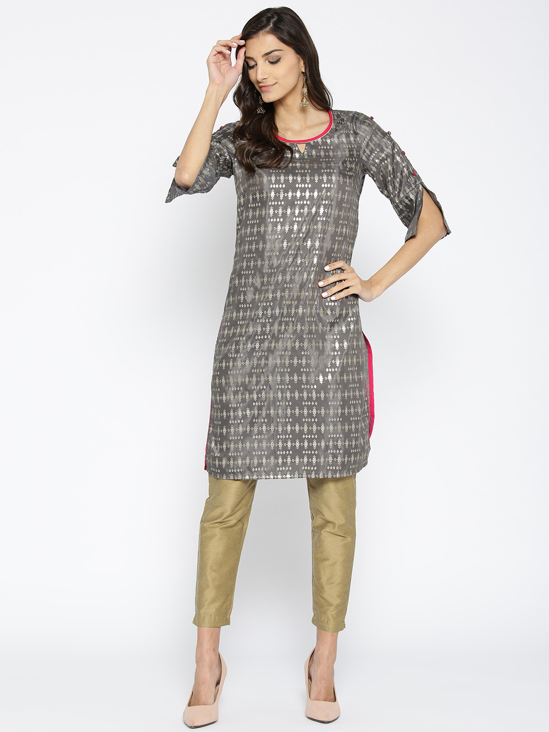 Buy AURELIA Women Grey & Golden Printed Straight Kurta Kurtas for