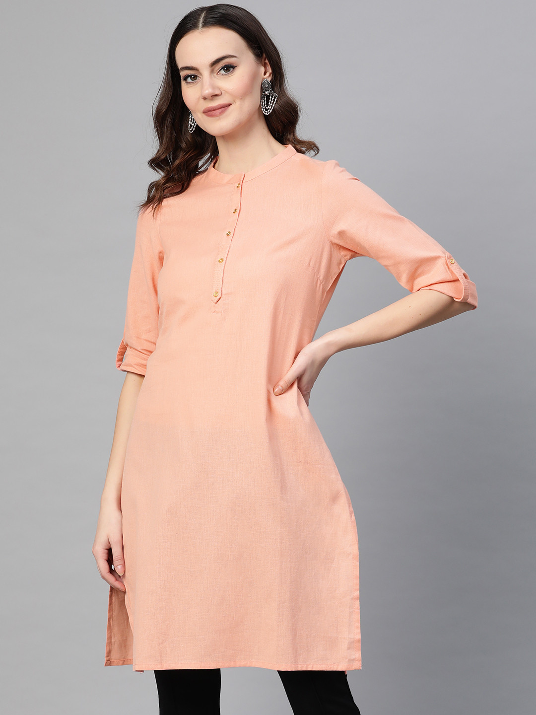 Buy W Women Peach Coloured Solid Straight Kurta Kurtas for Women
