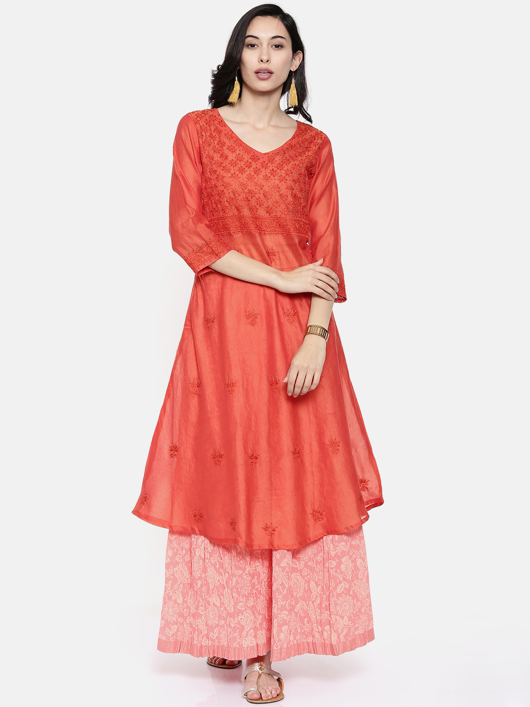 Buy Melange By Lifestyle Women Rust Colored Embroidered A Line Kurta