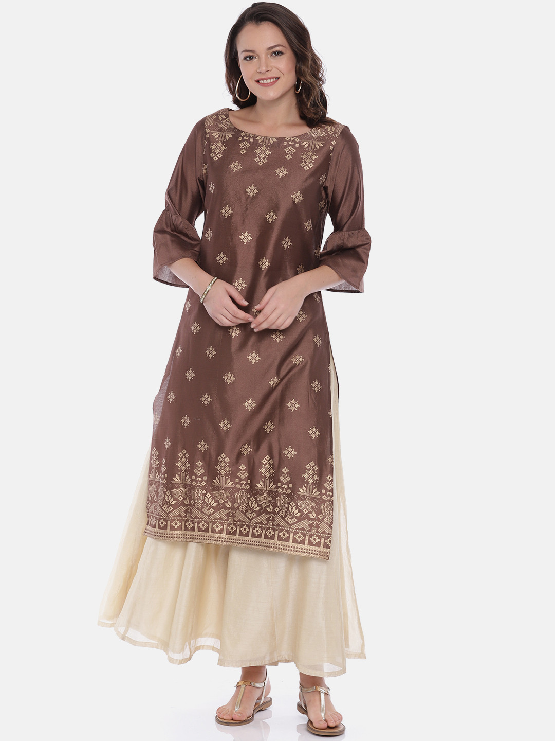 Women Brown Printed Straight V-neck Kurta main image 1
