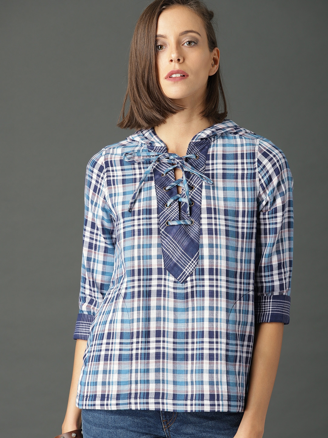 checked hooded shirt women's