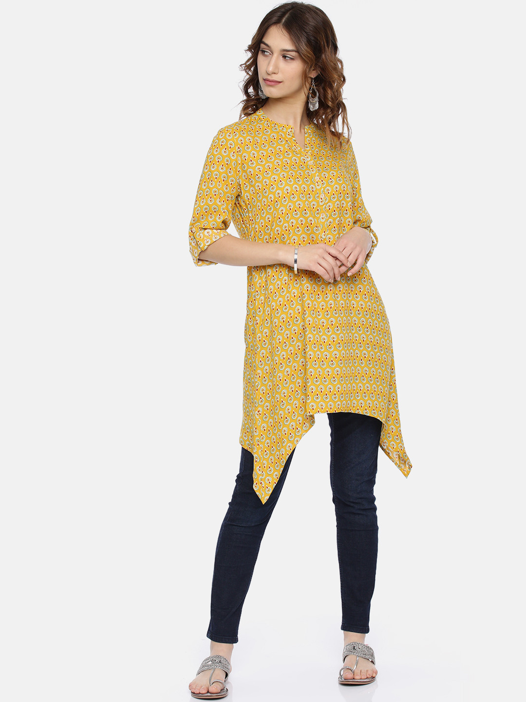 Buy Melange By Lifestyle Women Mustard Yellow Printed Kurti With Asymmetric Hem Kurtis for