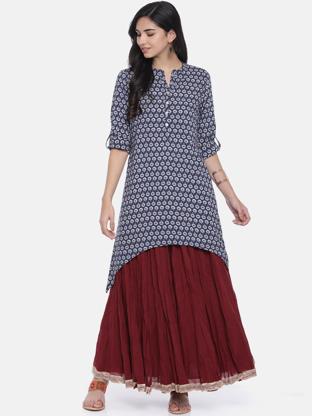 Buy Melange By Lifestyle Women Navy Blue Printed Straight Kurti