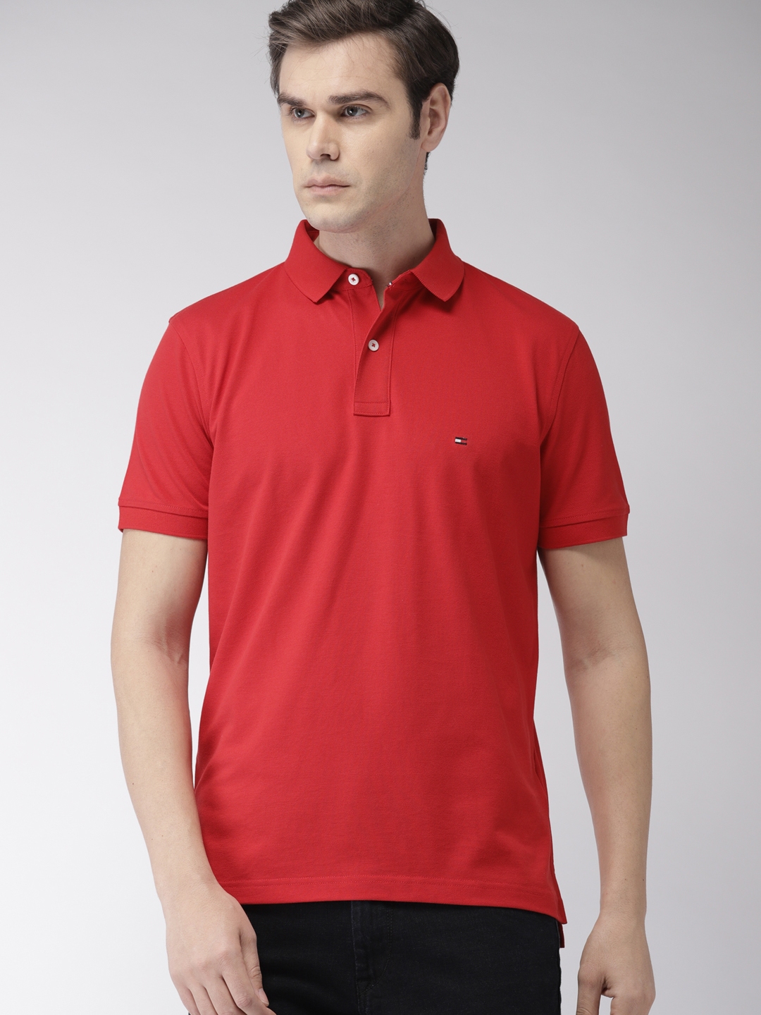 Buy Tommy Hilfiger Men Red Regular Fit Solid Polo Collar Pure Cotton T ...