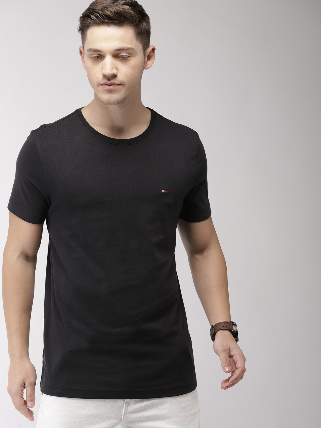 Buy Tommy Hilfiger Men Black Solid Round Neck Pure Cotton T Shirt