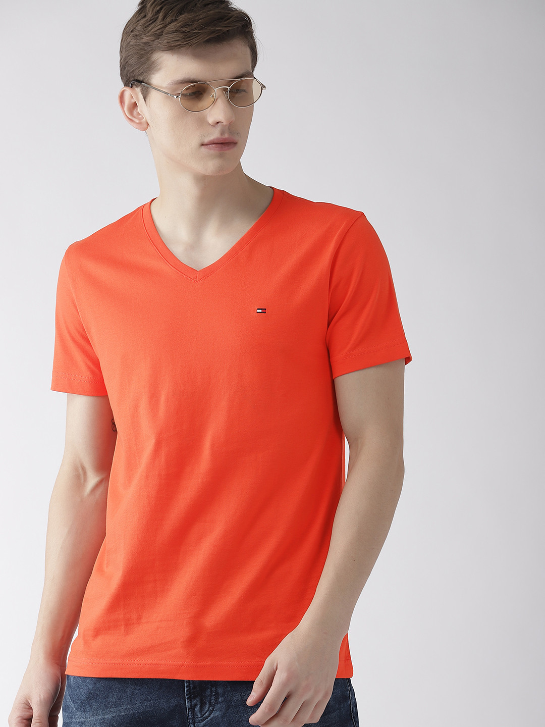 Buy Tommy Hilfiger Men Orange Solid V Neck Pure Cotton T Shirt
