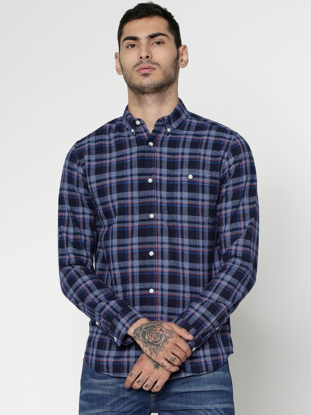 Buy Jack & Jones Men Navy Blue Slim Fit Checked Casual Shirt Shirts