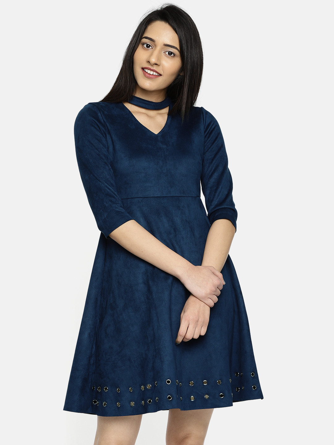 Buy CODE By Lifestyle Women Navy Blue Solid A Line Dress Dresses for