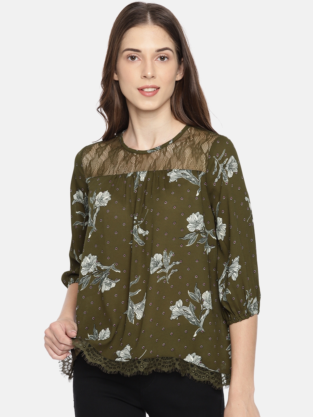 Buy CODE By Lifestyle Women Olive Green Floral Print A Line Top - Tops ...