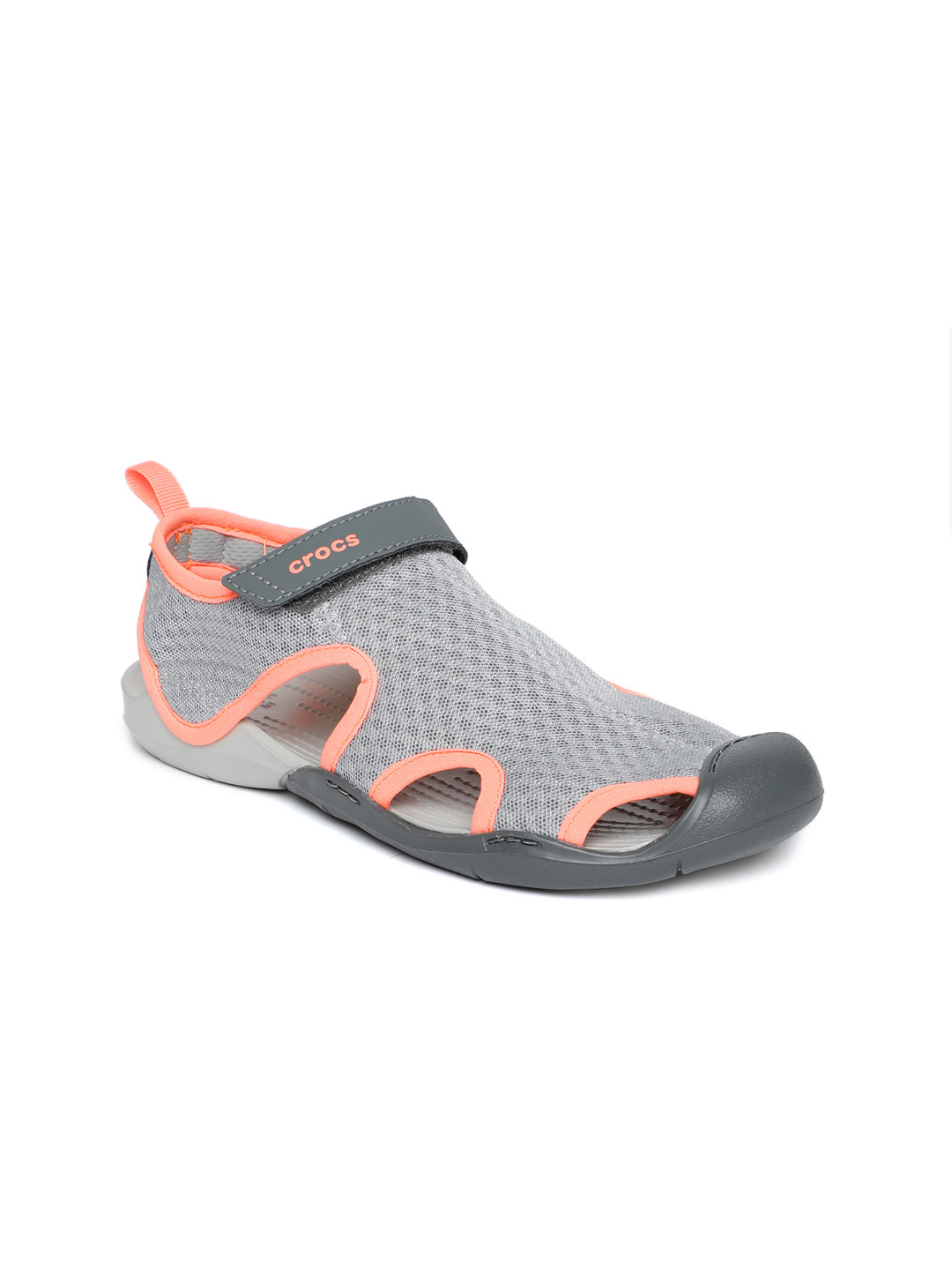 grey crocs with orange strap