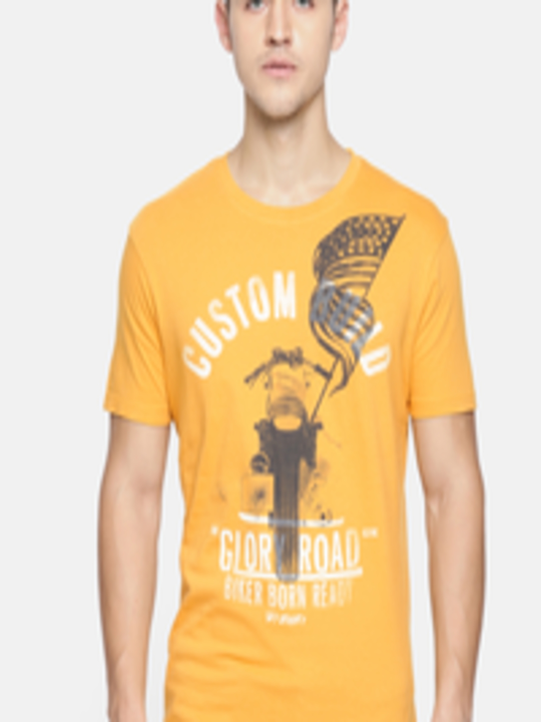Buy Wrangler Men Mustard Yellow Printed Round Neck Pure Cotton T Shirt ...