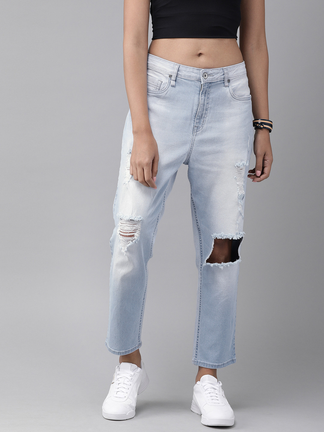 Buy Roadster Women Blue Boyfriend Fit High Rise Highly Distressed