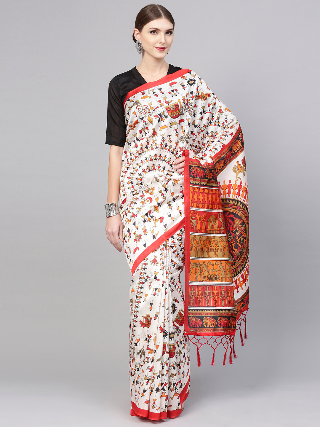 red saree with off white blouse