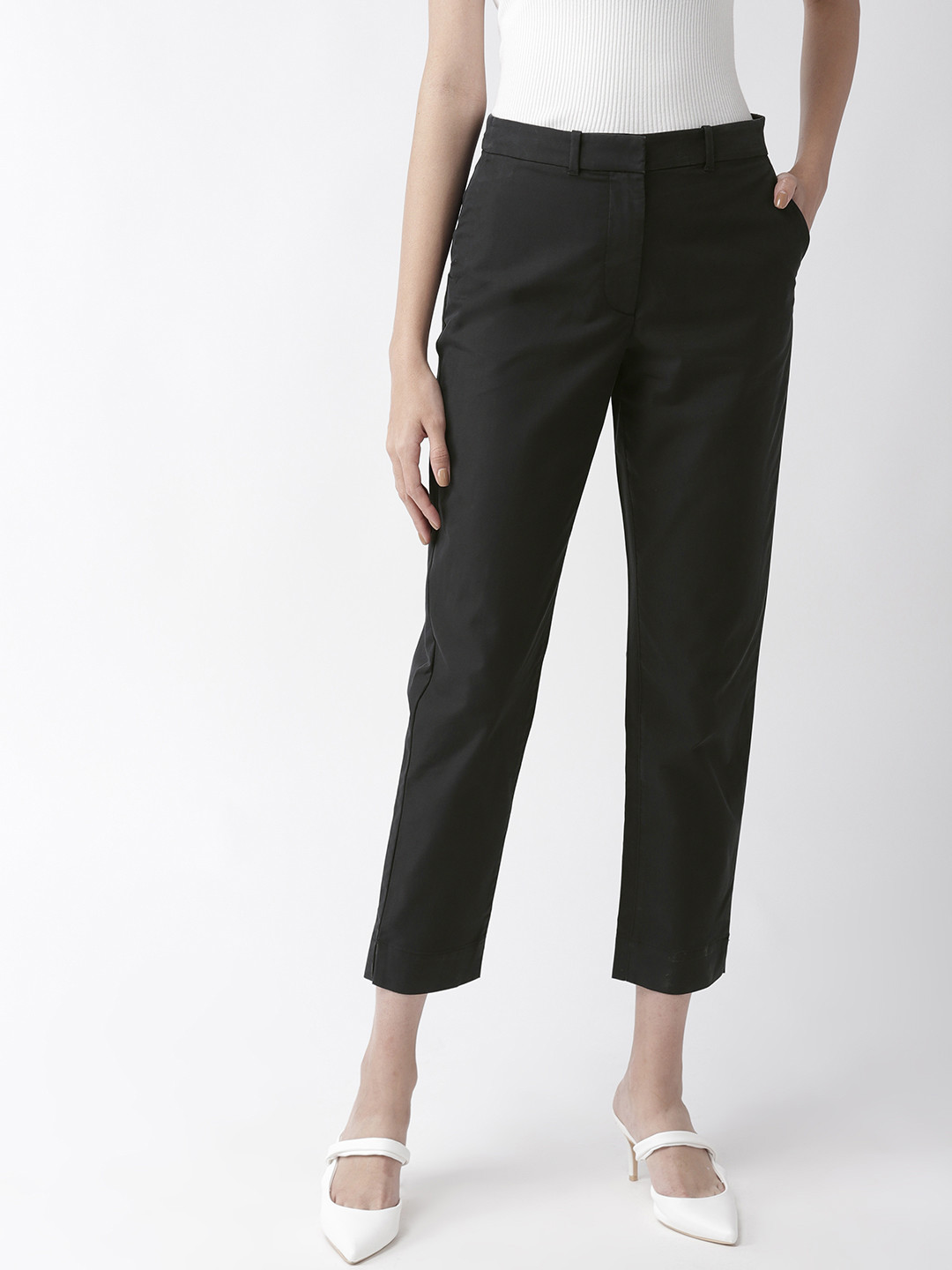 Buy Marks & Spencer Women Black Regular Fit Solid Cropped Chinos Trousers for Women 8463505