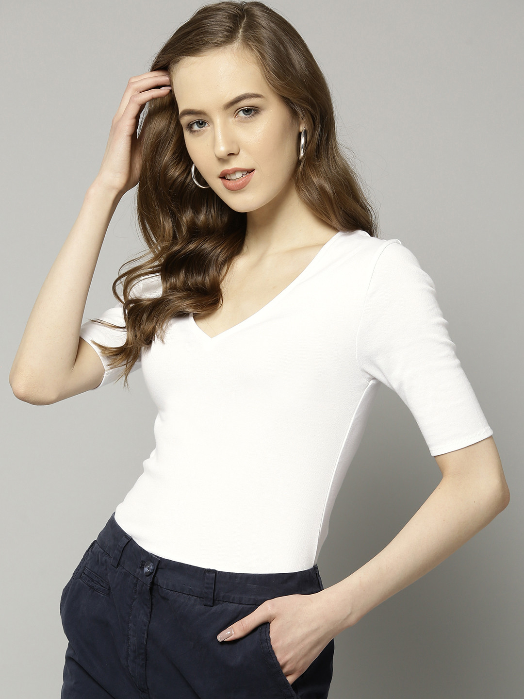 Buy Marks & Spencer Women White Solid V Neck T Shirt Tshirts for