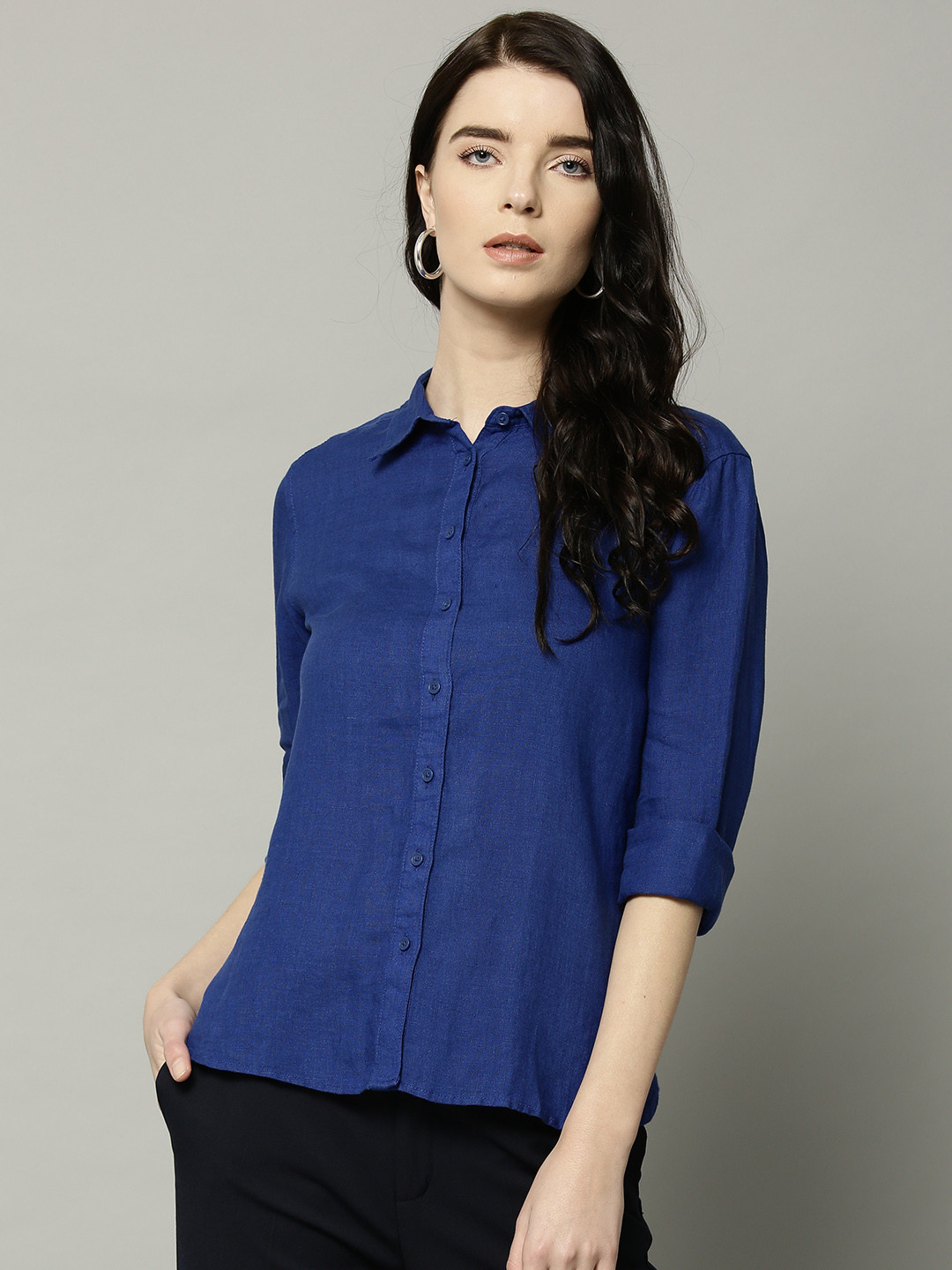 Buy Marks & Spencer Women Blue Regular Fit Solid Linen Casual Shirt