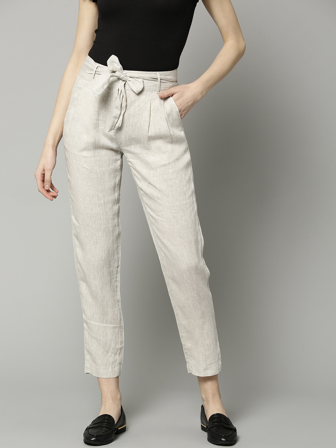 Buy Marks & Spencer Women Beige Slim Fit Cropped Self Design Linen Peg