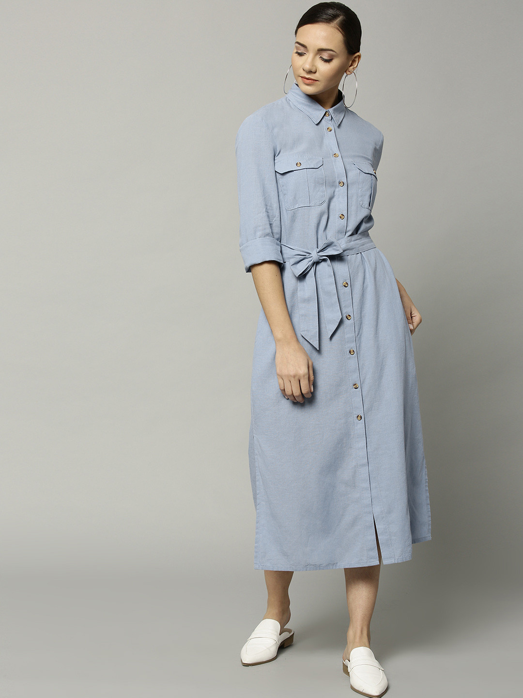 Buy Marks & Spencer Women Blue Solid Denim Shirt Dress Dresses for