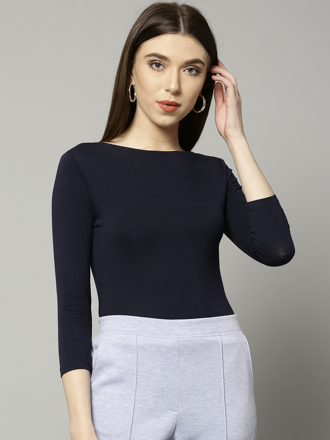 Buy Marks & Spencer Women Navy Blue Solid Fitted Top Tops for Women