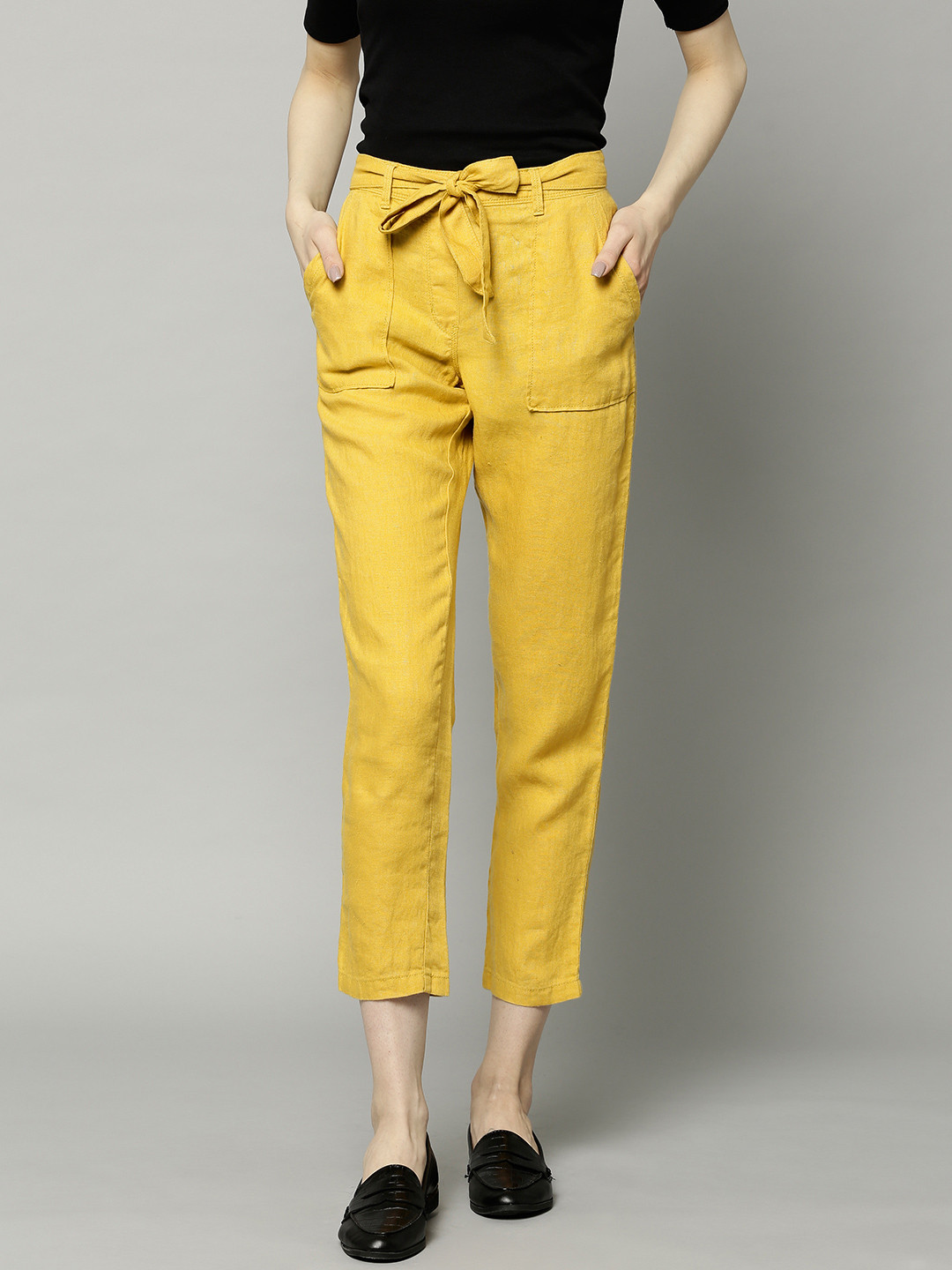 Buy Marks & Spencer Women Mustard Yellow Linen Regular Fit Solid Peg