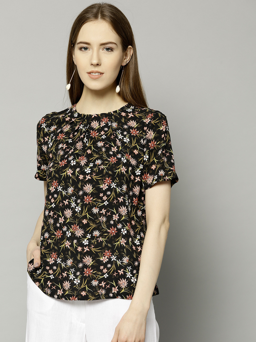Buy Marks & Spencer Women Black & Peach Coloured Printed Top Tops for