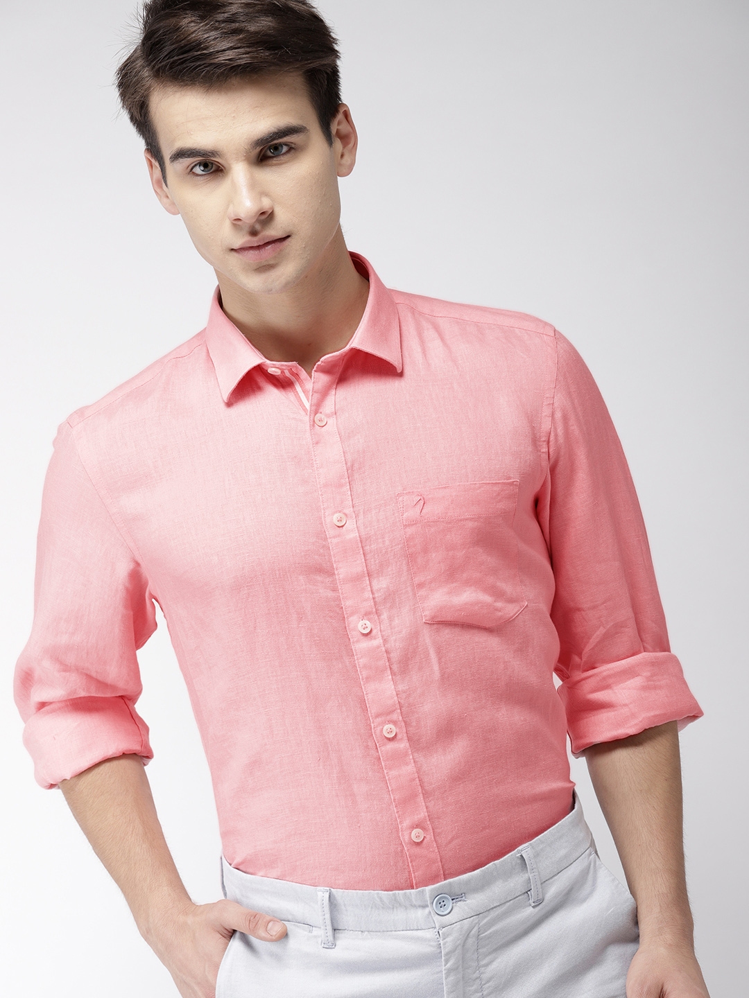 Buy Indian Terrain Men Pink Slim Fit Solid Linen Casual Shirt - Shirts ...